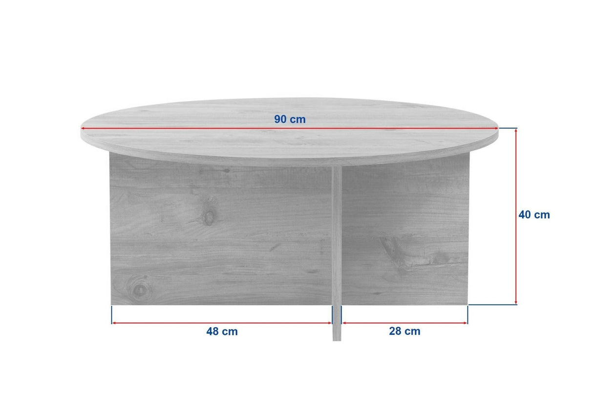 Photo blanche de dimensions table basse ronde avec plateau en travertin et base en bois foncé en forme de croix.