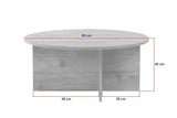 Photo blanche de dimensions table basse ronde avec plateau en travertin et base en bois foncé en forme de croix.