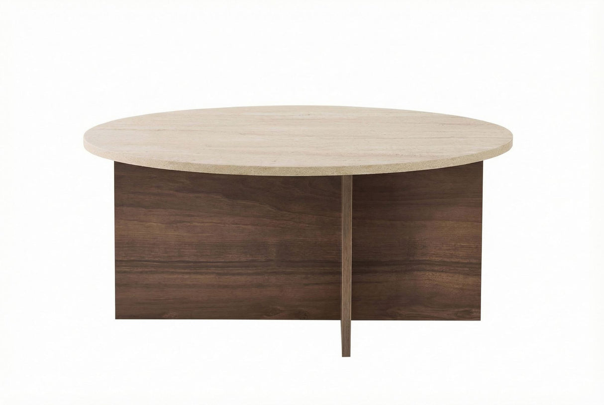 Table basse ronde photo blanche avec plateau en travertin et base en bois foncé en forme de croix.