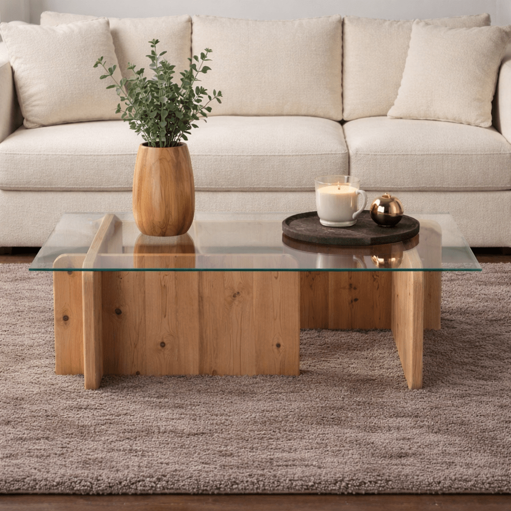 Table basse en mélamine de pin atlantique verre opale 105x65x30 cm 