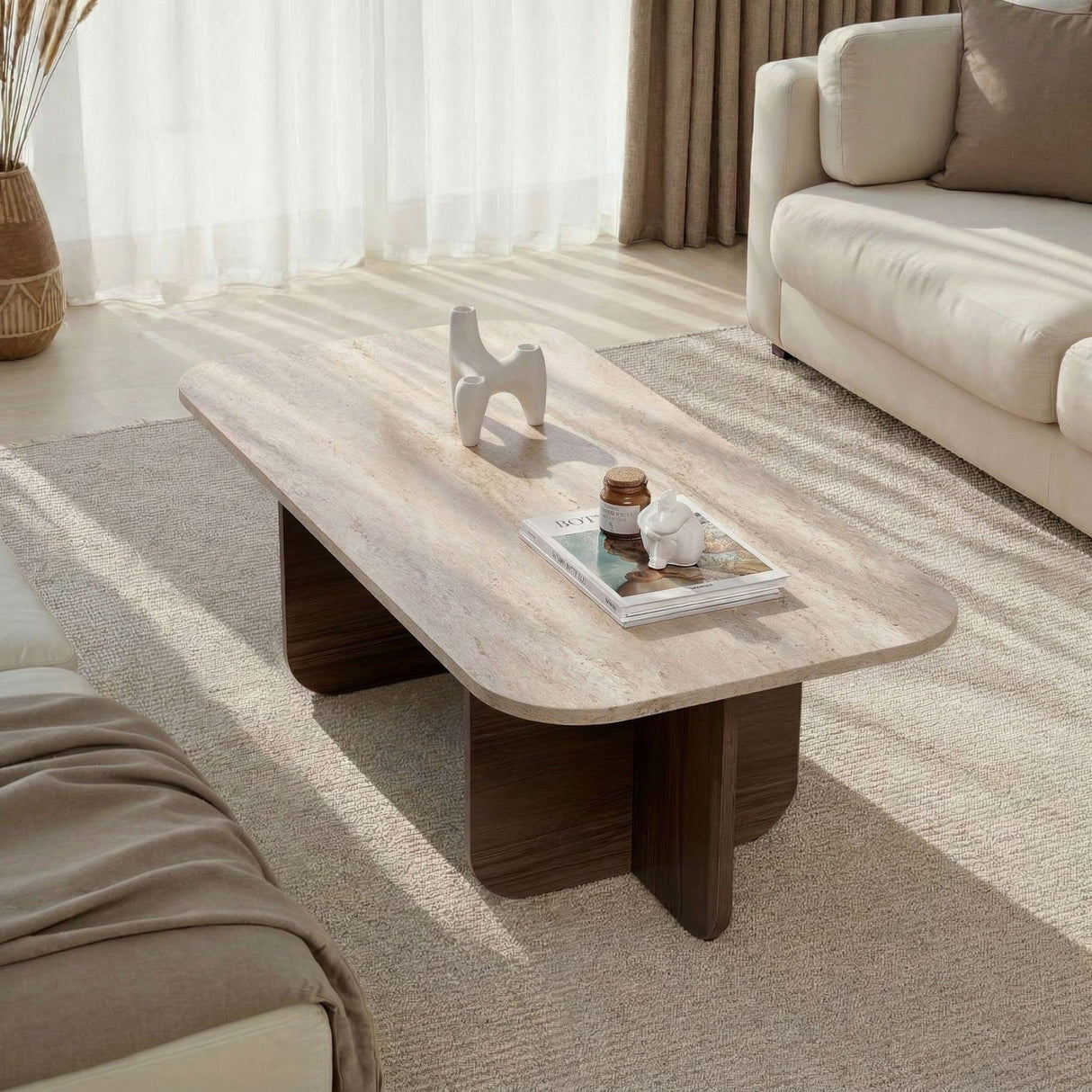 Salontafels - Salontafel walnoot melamine met travertin top - Japandi - 120x60 cm - Akira - Dimehouse