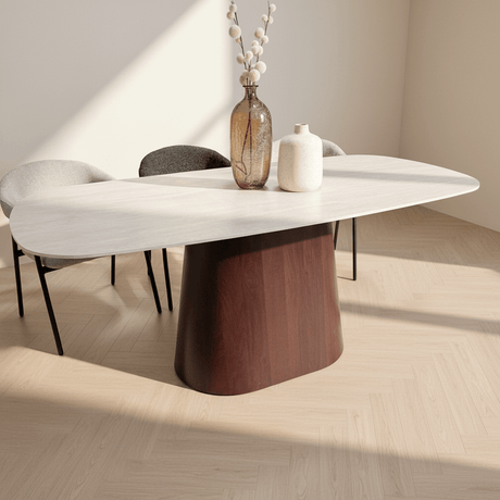 Table à manger en travertin aspect marbre en pierre frittée Lea 180x90 cm - Structure en noyer - Ovale danois