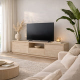 TV Meubels - TV Meubel Japandi Travertin Melamine - drie kastjes - 160x42x29,5 cm - Flare - Dimehouse