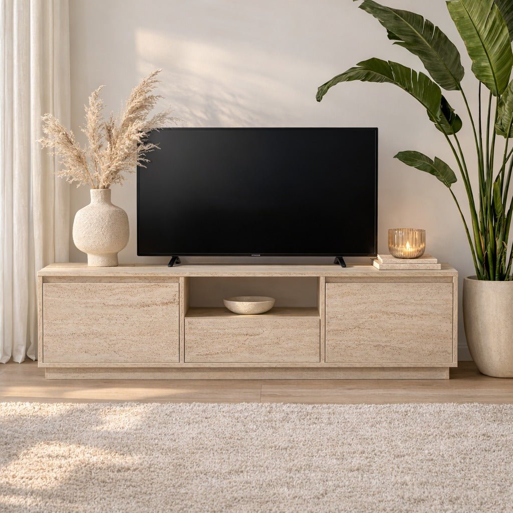 TV Meubels - TV Meubel Japandi Travertin Melamine - drie kastjes - 160x42x29,5 cm - Flare - Dimehouse
