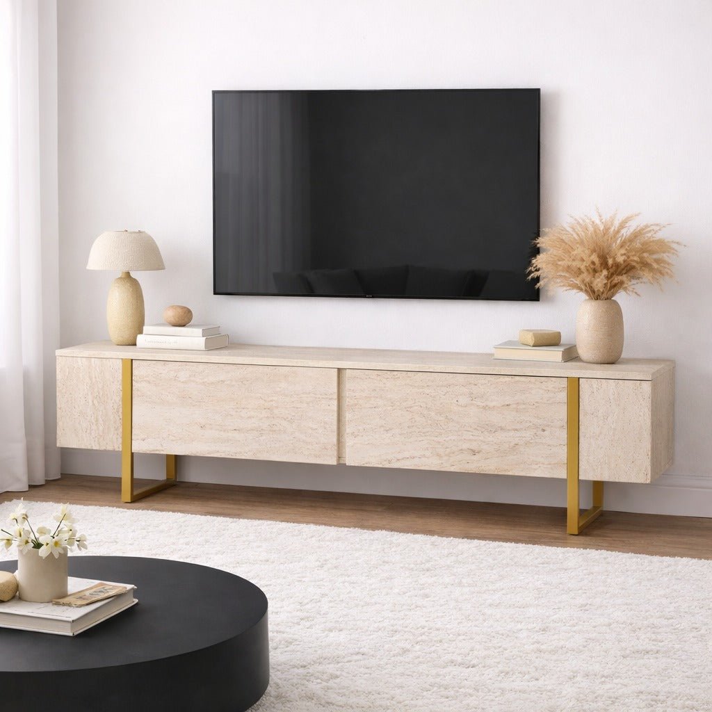 Meuble TV en mélamine beige avec cadre en bois Fouden Blitz 50x180x29,5 cm 