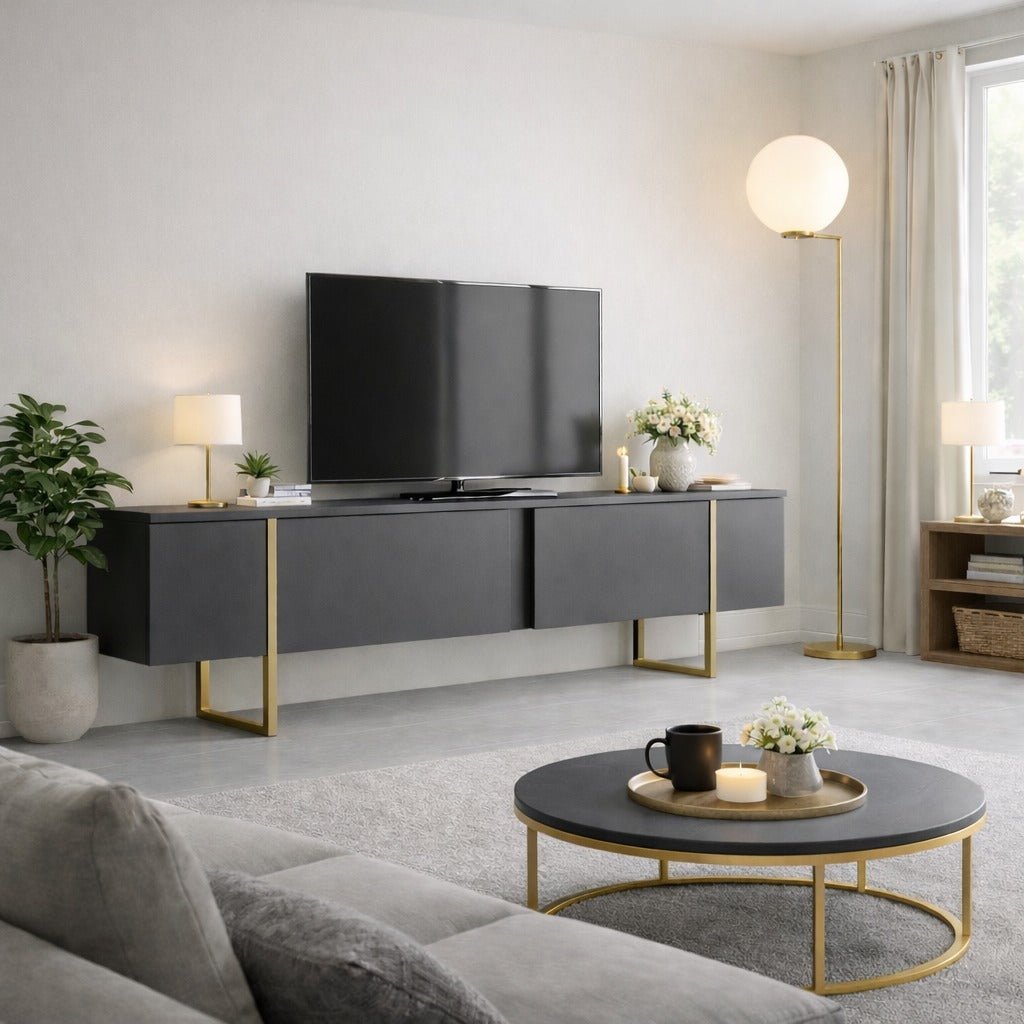 Meubles de télévision luxe anthracite or mélamine 180x50x30 cm