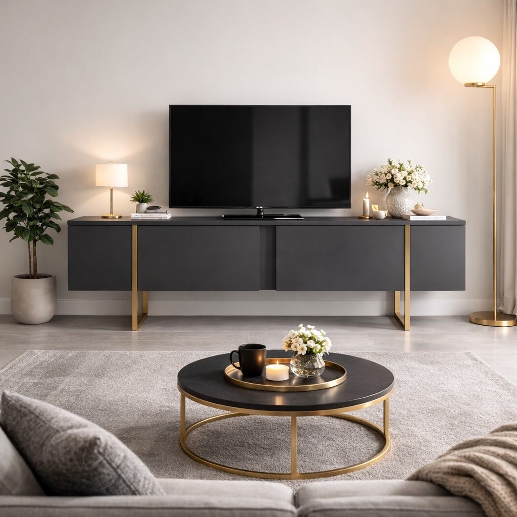 Meubles de télévision luxe anthracite or mélamine 180x50x30 cm