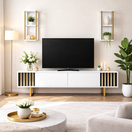 Ensemble de meubles de télévision Gold Ligne Blanc Noire Mélamine 180x48x30 cm