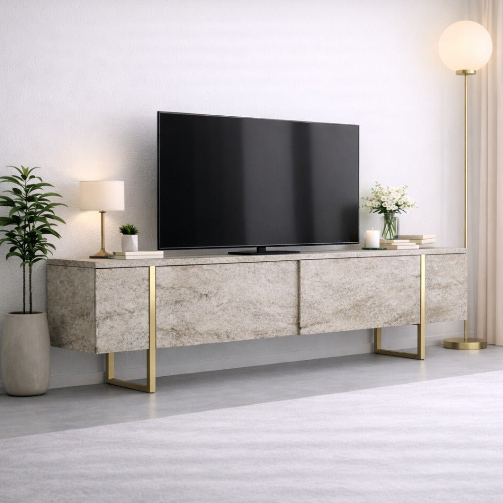 Meuble TV Travertin Luxe 180x50x30 - Cadre Doré
