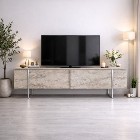 Meuble TV Travertin Luxe 180x50x30 - Cadre Argent