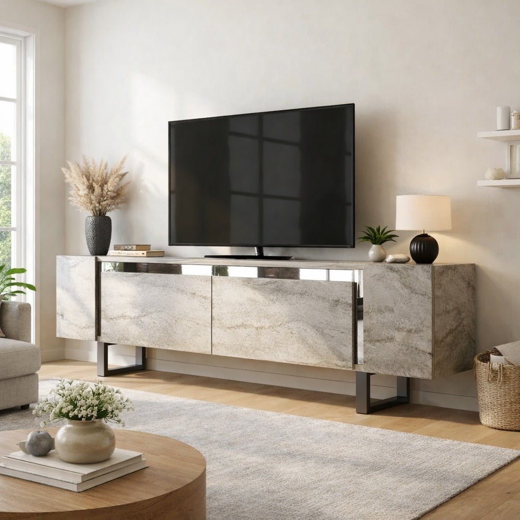 Meuble TV Travertin Yildiz 180x50x30 - Cadre Argent