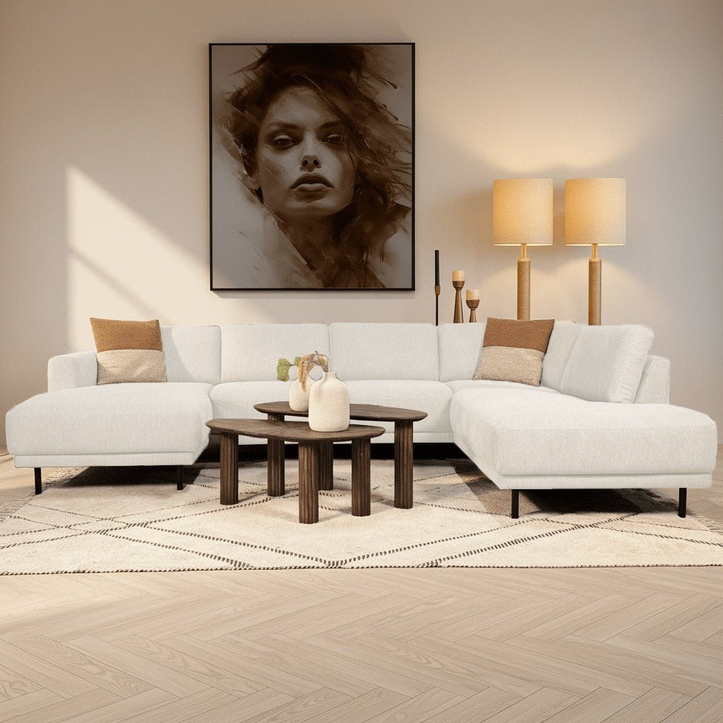 Canapé d'angle moderne U-Bank à droite, beige en tissu, Aniko, 310x197x78 cm 