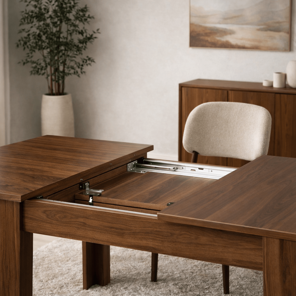 Table à manger extensible noyer mélamine – Japandi – 130 – 170 cm – Otis