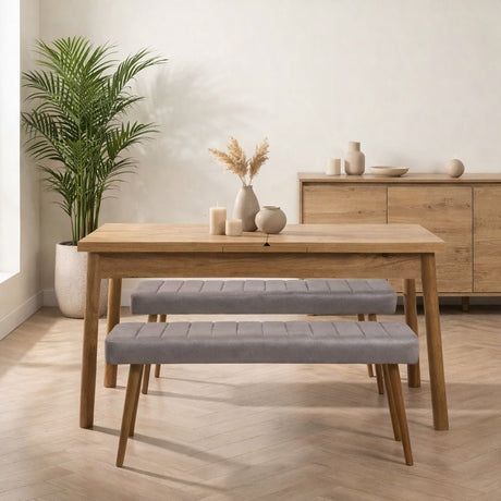 Uitschuifbare eettafel Dennen Melamine - 120 tot 155 cm - inclusief bankjes - Santo