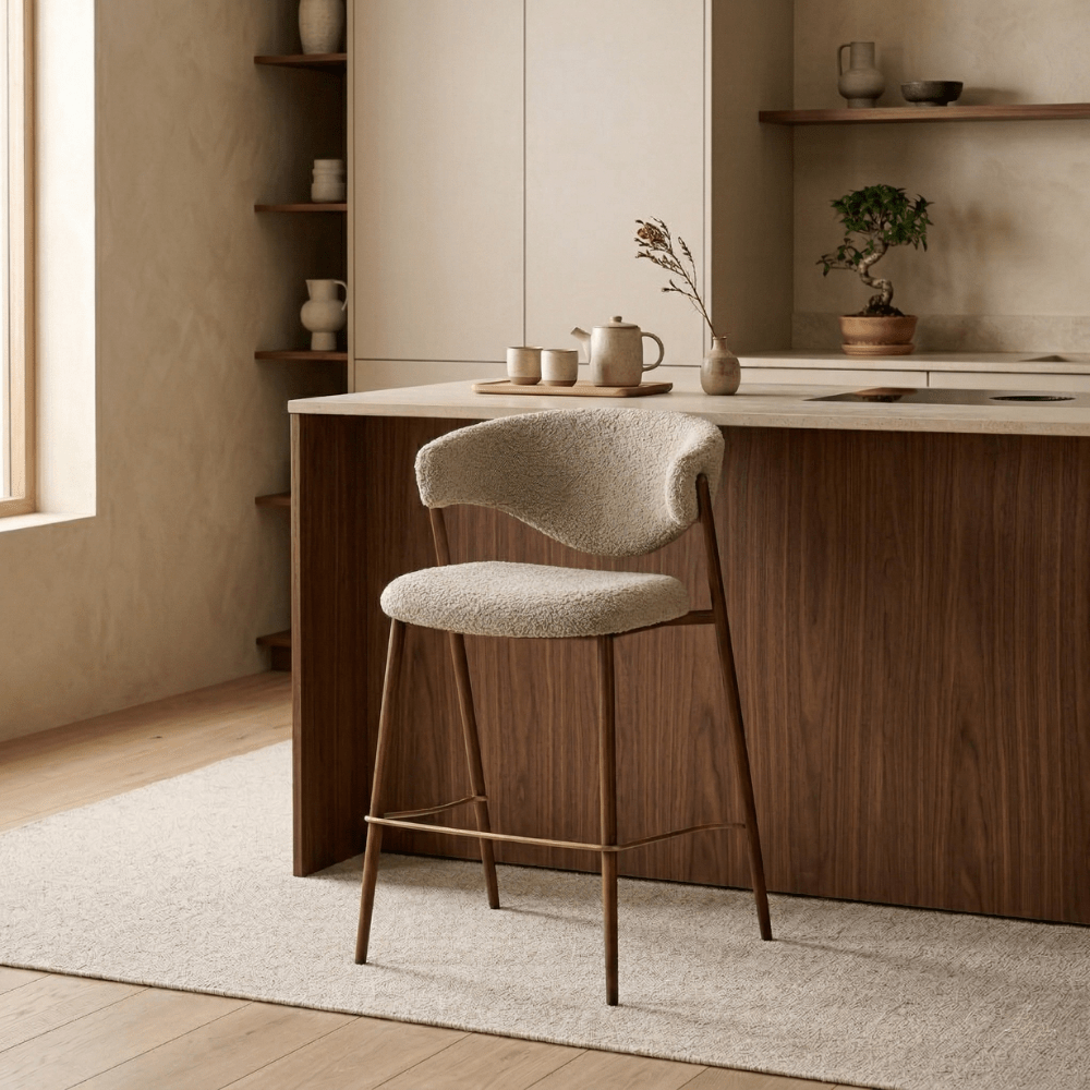 Chaise de bar bouclé couleur sable Kaito - structure aspect noyer - Japandi