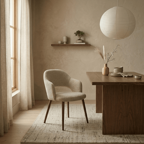 Chaise de salle à manger Japandi en bouclé couleur sable Aki - cadre en noyer - avec accoudoirs