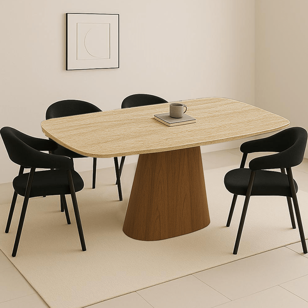 Ensemble de meubles complet : Table à manger Lea en pierre frittée aspect marbre travertin - cadre en noyer + 4 chaises de salle à manger Lisa en bouclé noir 