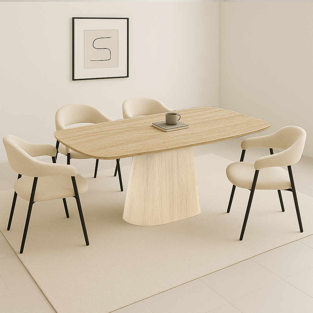 Ensemble complet : Table à manger Lea en travertin gris + 4 chaises Lisa en bouclé beige 
