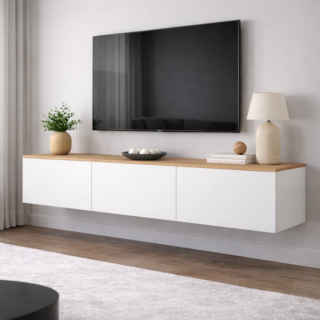 Zwevend TV Meubel Wit met Eikenlook Melamine -  150x30 cm - West