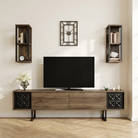 Ensemble de meubles TV Black Line Noyer Mélamine noire 180x48x30 cm Photo d'ambiance dans un intérieur moderne