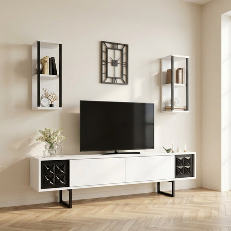 Meuble TV Black Line Blanc Noir Mélamine 180x48x30 cm Photo d'ambiance dans un intérieur moderne