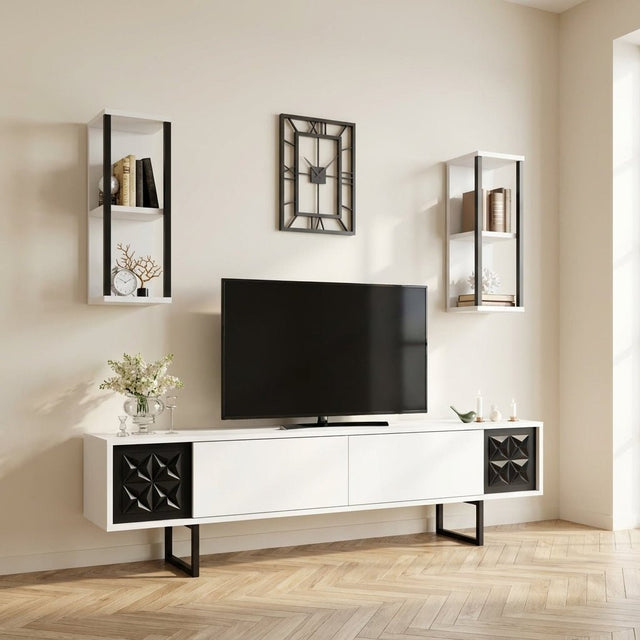 Meuble TV Black Line Blanc Noir Mélamine 180x48x30 cm Photo d'ambiance dans un intérieur moderne