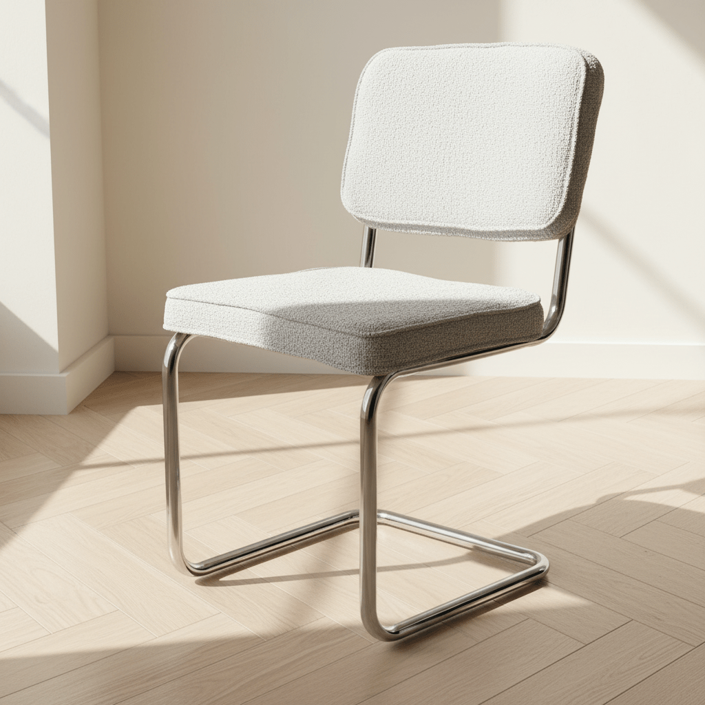 Chaise de salle à manger moderne verte en tissu bouclé Sway - cadre en chrome - sans accoudoirs 