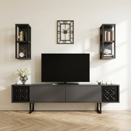 Ensemble de meubles TV Black Line Anthracite noir mélamine 180x48x30 cm photo d'ambiance dans un intérieur moderne