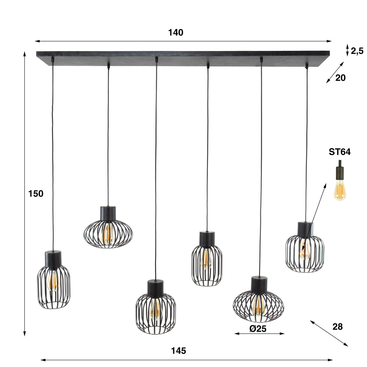 Lampe suspendue Luise DH Intérieur Charbon LxlxH 143x28x24 Métal Blanc indication de la taille de la photo