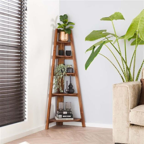 Étagère d'angle Jess DH Intérieur Acacia LxlxH 135x50x12 Bois d'acacia Photo d'ambiance vue de face diagonale