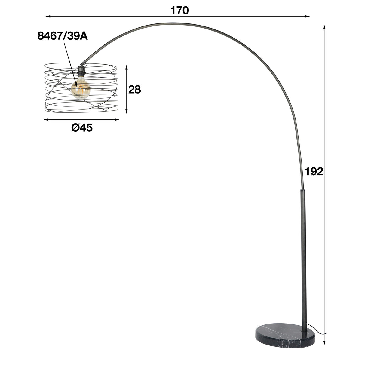 Booglamp Twist DH Interior Charcoal LxBxH 44x44x11 Metaal Witfoto maatindicatie