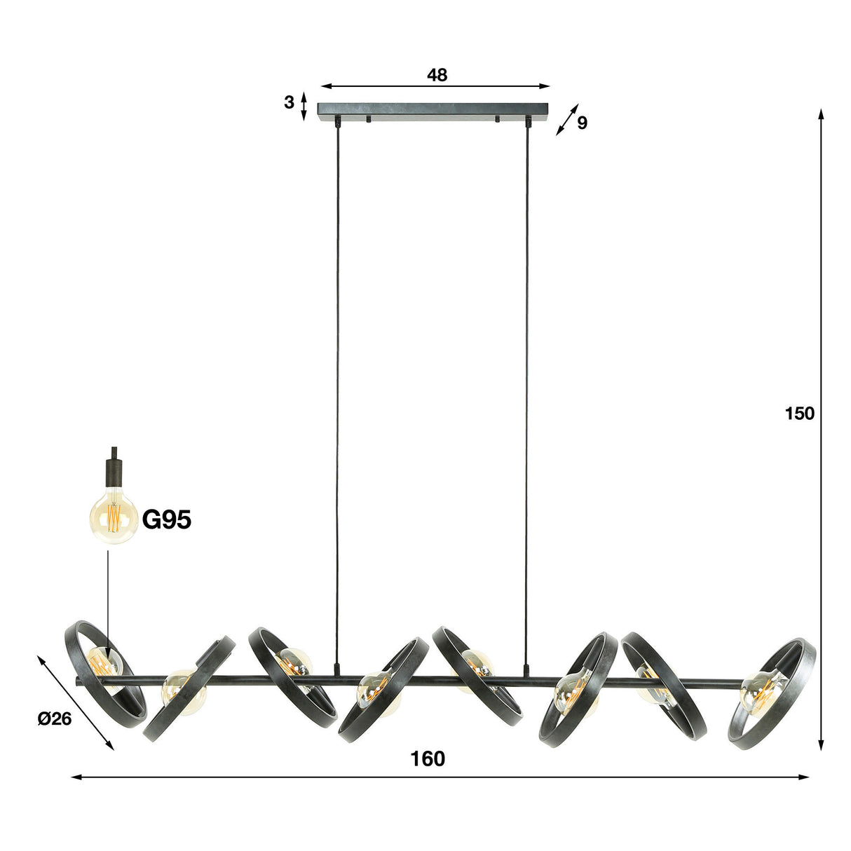 Hanglamp Otan DH Interior Charcoal LxBxH 168x44x19 Metaal Witfoto maatindicatie