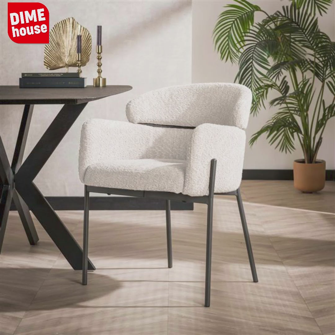Chaises de salle à manger Lola tissu bouclé crème blanc avec dossier rond 