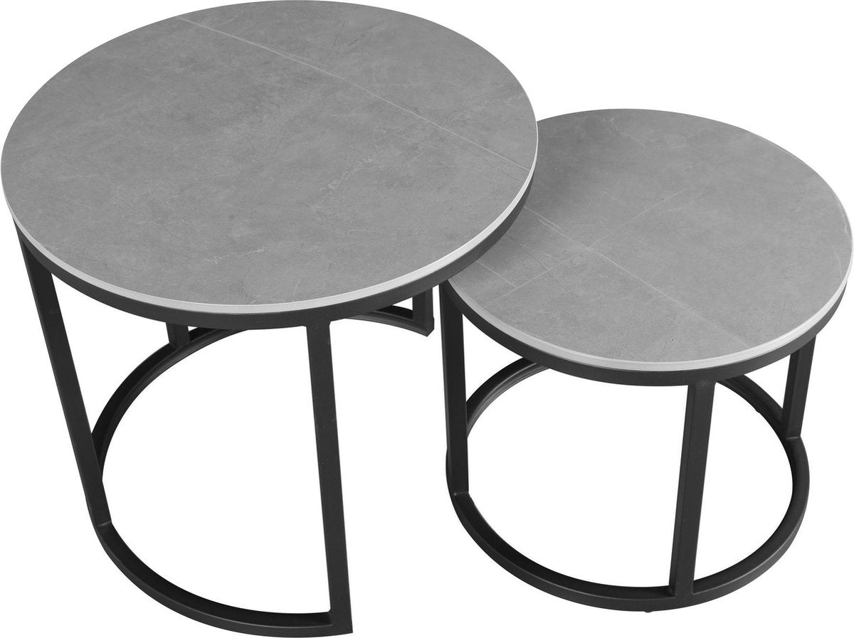 Ensemble de table basse ronde de 2 look en marbre en pierre fritrée paige gris